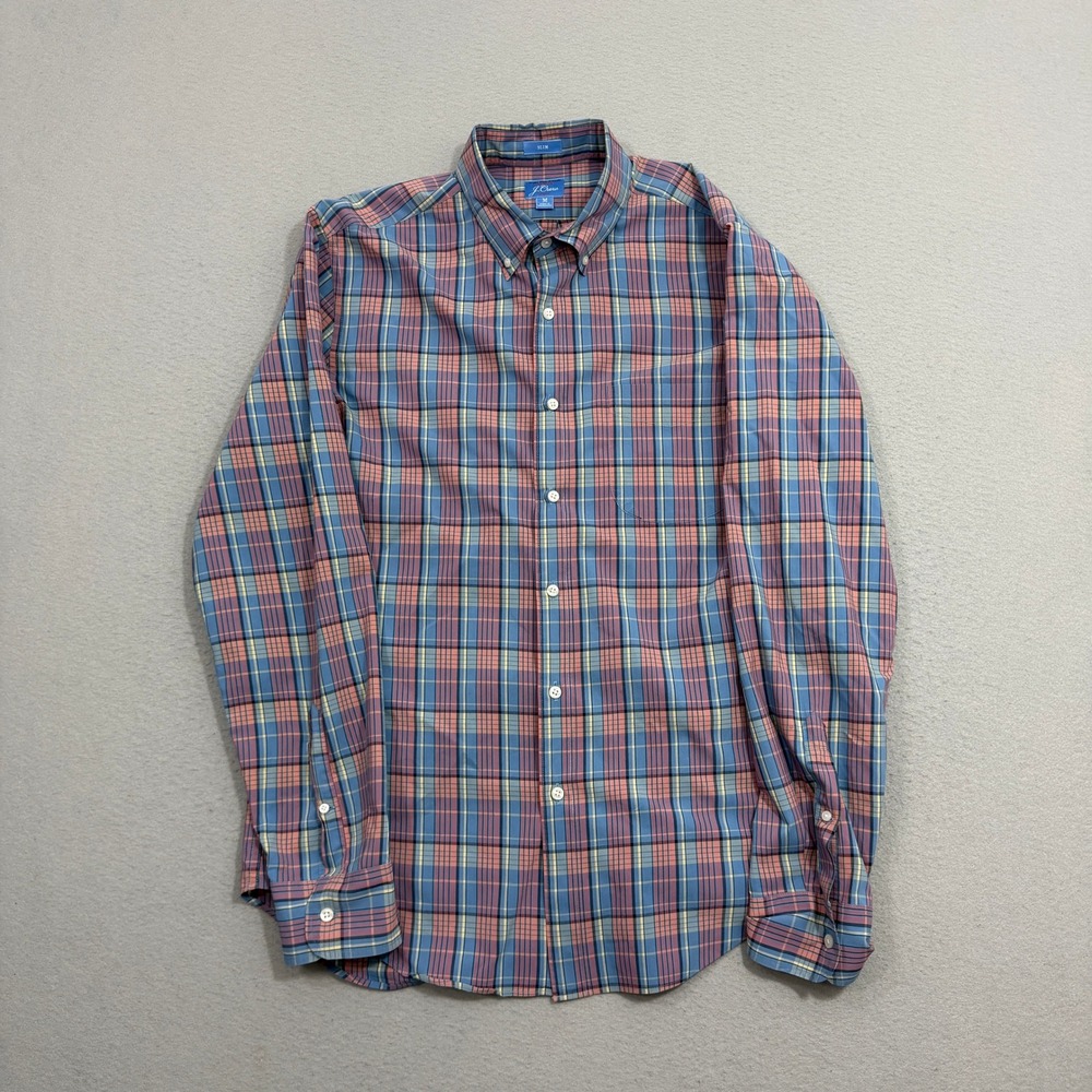 J.Crew Button Down Shirt Mens Medium Blue Secret Wash Slim AU769 Plaid Stretch